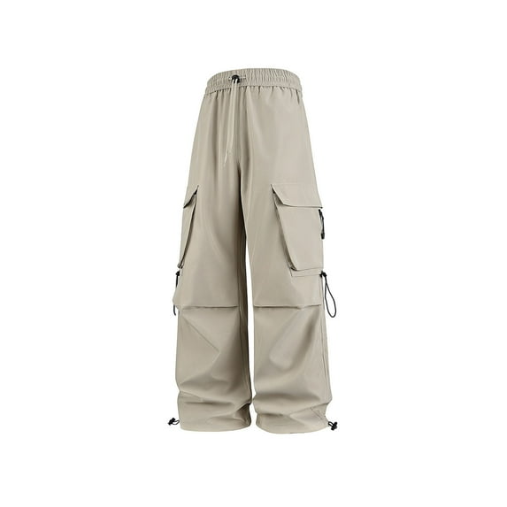 YLSDY Flat Pocket Parachute Pants for Men Casual Baggy Cargo Pants Unisex Street Y2K Pants Drawstring Trouser Khaki L