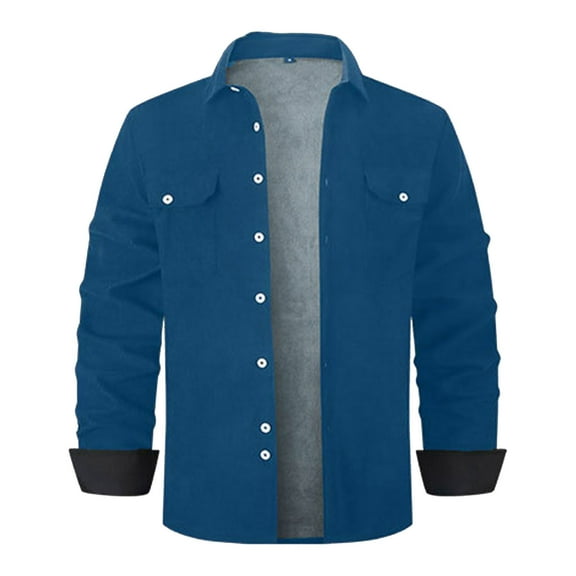 YLSDY Fleece Corduroy Long Sleeve Button Cardigan Coat with Flip Collar and Pockets Casual Outwear for Men Suitable for Daily Wear Blue M