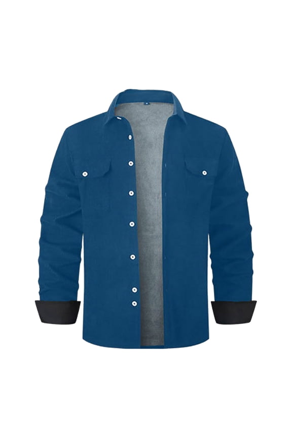 Fleece Corduroy Long Sleeve Button Cardigan Coat with Flip Collar and Pockets Casual Outwear for Men Suitable for Daily Wear Blue XL