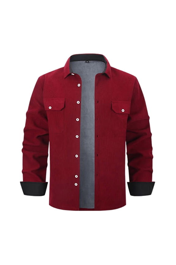 Fleece Corduroy Long Sleeve Button Cardigan Coat with Flip Collar and Pockets Casual Outwear for Men Suitable for Daily Wear Red M