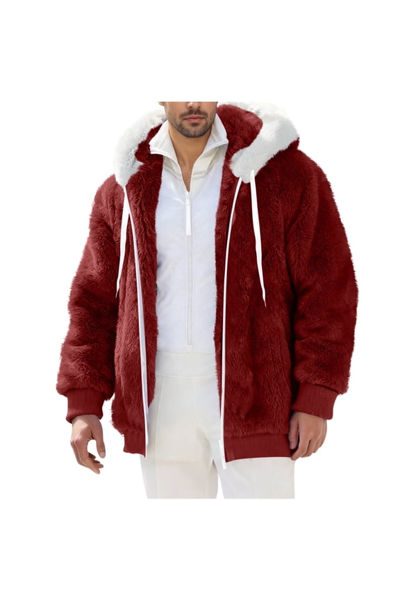 Fleece Jacket for Men Fuzzy Warm Winter Coats Full Zip Sherpa Jacket Oversized Hooded Jackets Fluffy Coat with Pockets Wine L
