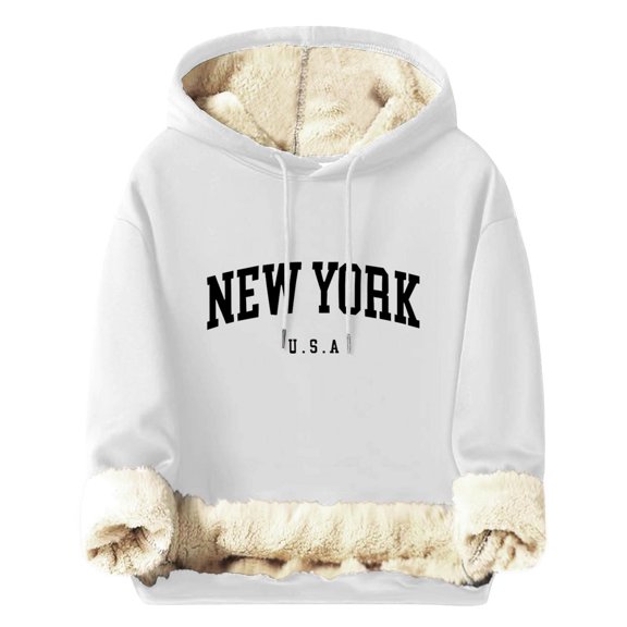 YLSDY Fleece Lined Hoodie Women New York Letter Print Sweatshirt Long Sleeve Casual Pullover Drawstring Warm Tops White XXXL