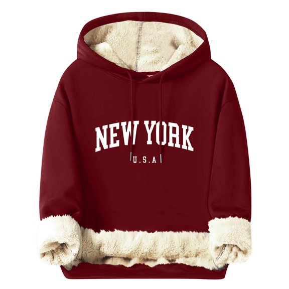 YLSDY Fleece Lined Hoodie Women New York Letter Print Sweatshirt Long Sleeve Casual Pullover Drawstring Warm Tops Wine S
