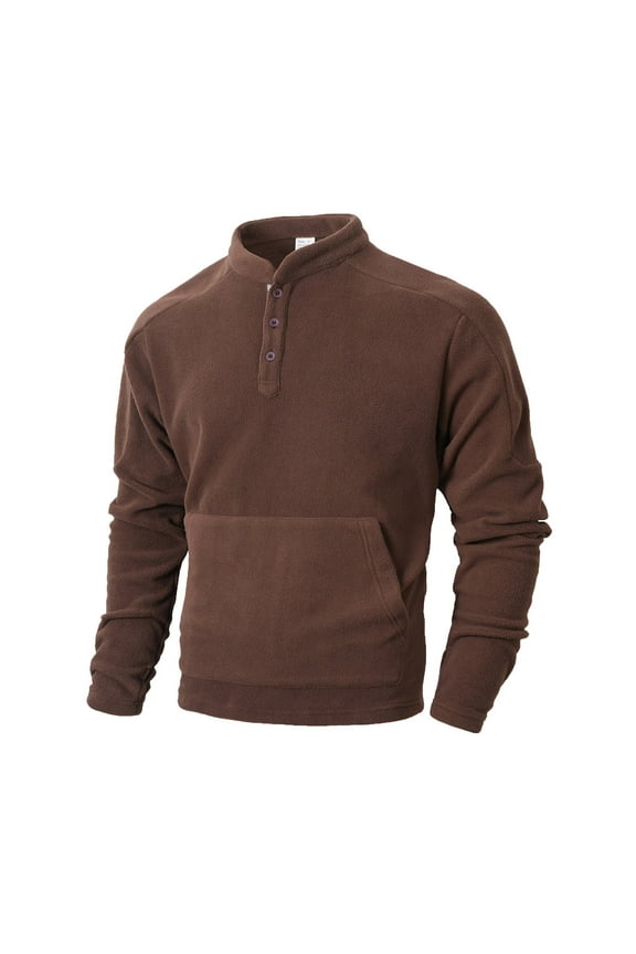 Fleece Sweatshirts for Men Casual Slim Fit Mock Neck Button Up Thermal Henley Pullover Thick Warm Sweater with Pocket Coffee L