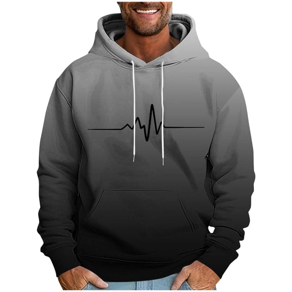 YLSDY Funny ECG Graphic Hoodies for Men Gradient Pullover Heartbeat Long Sleeve T-Shirt Drawstring Hooded Sweatshirt Black XXXL