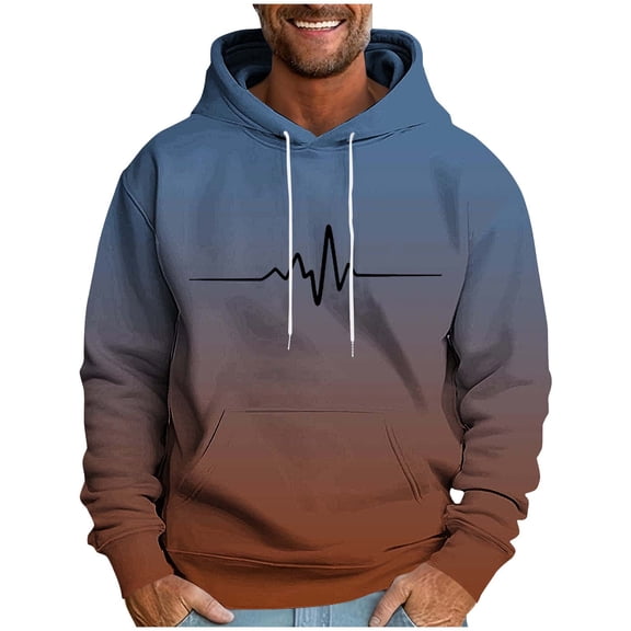 YLSDY Funny ECG Graphic Hoodies for Men Gradient Pullover Heartbeat Long Sleeve T-Shirt Drawstring Hooded Sweatshirt Coffee XL