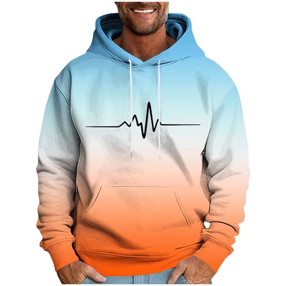 YLSDY Funny ECG Graphic Hoodies for Men Gradient Pullover Heartbeat Long Sleeve T-Shirt Drawstring Hooded Sweatshirt Orange XXXL