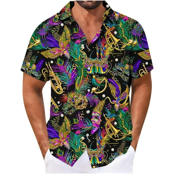 YLSDY Funny Hawaiian Shirts for Men Mardi Gras Retro Button up Shirt Summer Holiday Theme Party Aloha Top Vacation Clothing Multicolor S