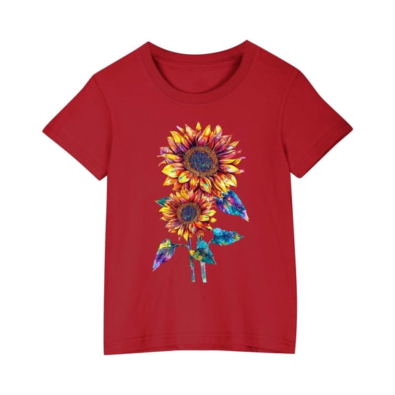 YLSDY Girl's Tops Graphic Sunflower Print Cute T Shirts Kids Summer Casual Short Sleeve Crewneck T Shirts 2025 Trendy Outfits Red 7 Years