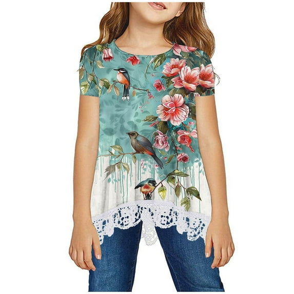 YLSDY Girls Casual Tunic Tops for 4-13 Years Short Sleeve Loose Soft Blouse T-Shirt Crew Neck Cute Kids Blouse Lace Tee Top Multicolor 5 Years