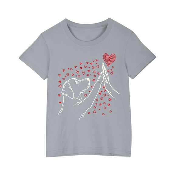 YLSDY Girls Cotton T Shirts Comfy Blouse Crew Neck Short Sleeve Loose Fit T-Shirts Kids Dog Love Pattern Flowy Tops Gray 7 Years