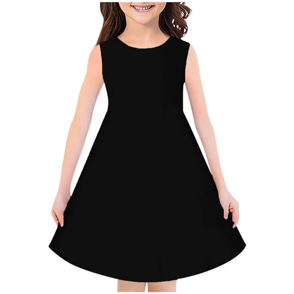 YLSDY Girls Dress Summer Sleeveless Round Neck A-Line Swing Pleated Skater Dresses with Pockets Black 140