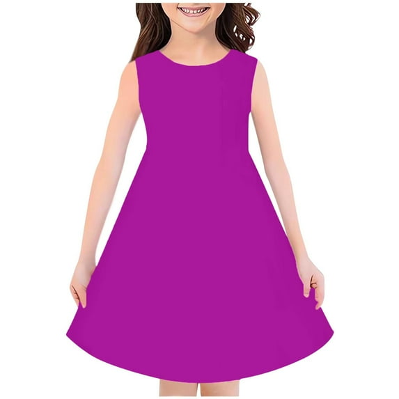 YLSDY Girls Dress Summer Sleeveless Round Neck A-Line Swing Pleated Skater Dresses with Pockets Purple 130