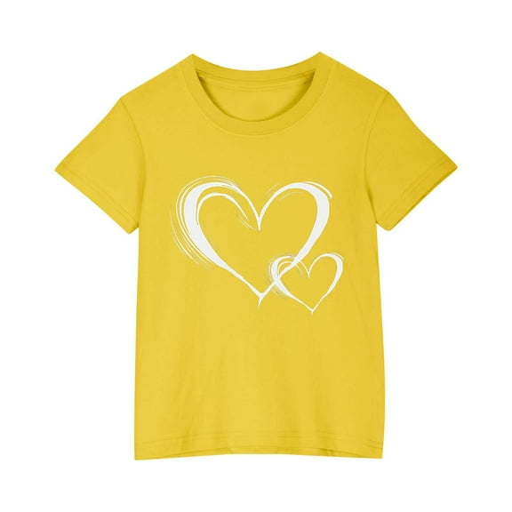 YLSDY Girls Heart Print T Shirts 2025 Trendy Teen Girls Tee Tops Crew Neck Short Sleeve Blouses Casual Oversized Tshirt Yellow 4 Years