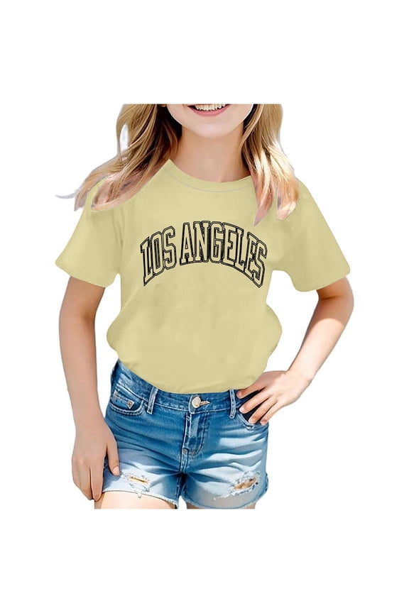Girls Los Angeles Shirt Short Sleeve T-Shirts Kids Summer Fashion Tunic Tops Cotton Graphic Tees Shirts Beige 3 Years