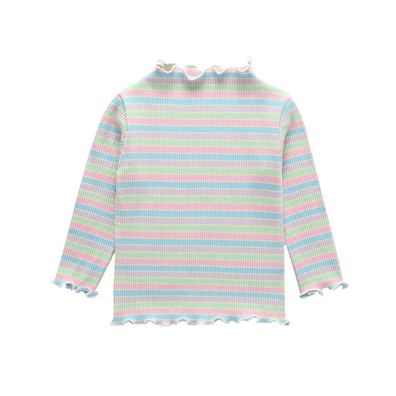 YLSDY Girls' Rainbow Striped Long Sleeve Shirt Ribbed T-Shirt Tops Soft Comfortable Kids Clothes Spring Autumn Outfits Green 4 Years