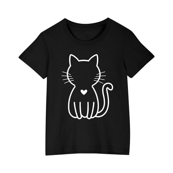 YLSDY Girls Summer Cotton Loose T-Shirt Cat Printed Short-Sleeved Kids Tops Round Neck Casual Cute Graphic Fitted Lightweight Tops Black 5 Years