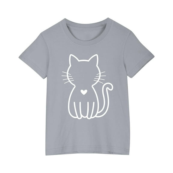 YLSDY Girls Summer Cotton Loose T-Shirt Cat Printed Short-Sleeved Kids Tops Round Neck Casual Cute Graphic Fitted Lightweight Tops Gray 5 Years