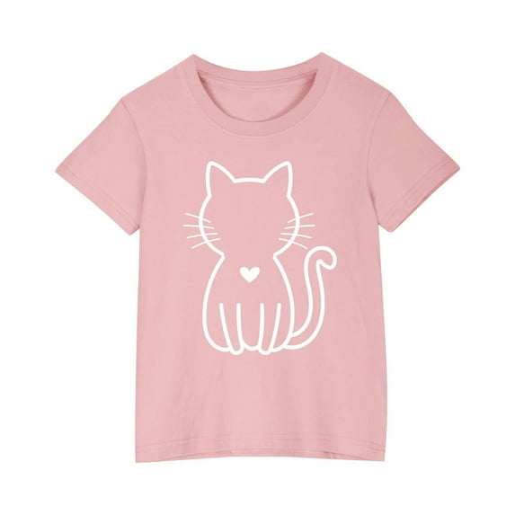 YLSDY Girls Summer Cotton Loose T-Shirt Cat Printed Short-Sleeved Kids Tops Round Neck Casual Cute Graphic Fitted Lightweight Tops Pink 4 Years