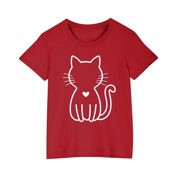 YLSDY Girls Summer Cotton Loose T-Shirt Cat Printed Short-Sleeved Kids Tops Round Neck Casual Cute Graphic Fitted Lightweight Tops Red 9 Years