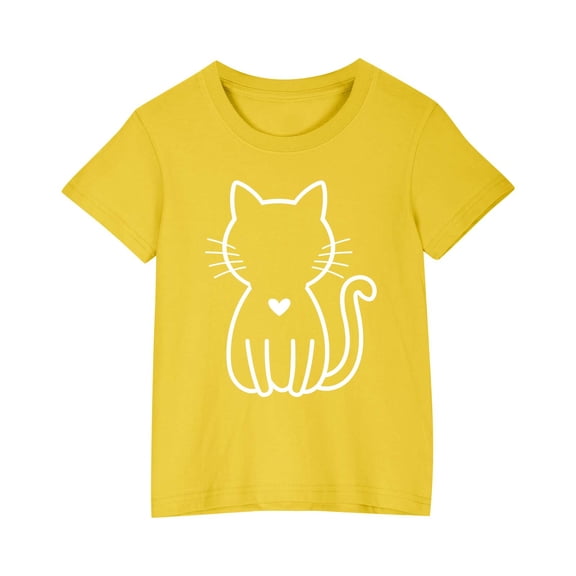 YLSDY Girls Summer Cotton Loose T-Shirt Cat Printed Short-Sleeved Kids Tops Round Neck Casual Cute Graphic Fitted Lightweight Tops Yellow 4 Years