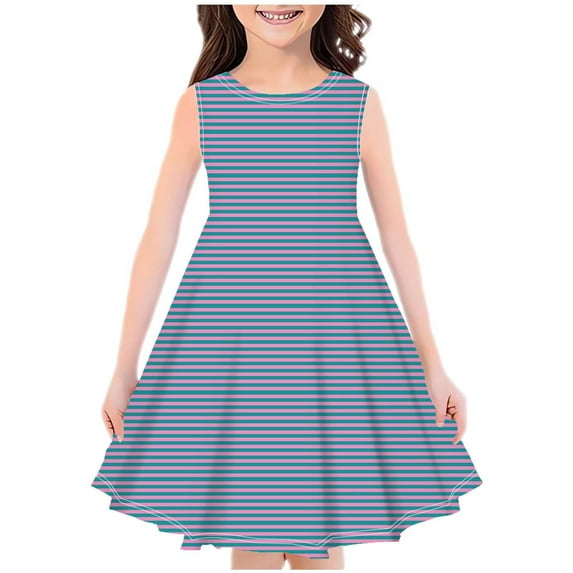 YLSDY Girls' Summer Sleeveless Round Neck Striped Printed A-Line Dress Kids Beach Swing Dress Blue 150