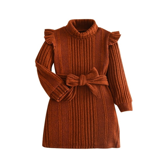YLSDY Girls Sweater Dresses Kint Turtleneck Dress Long Sleeve Ruffle Dress Casual Dresses with Belts Spring Winter Clothes Brown 120 (6 Years)