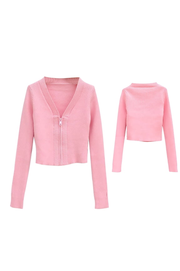 Girls Sweater Jacket V-Neck Zipper Cardigan Pullover V Neck Long Sleeve Winter Spring Warm Sweater Coats Pink 6Years