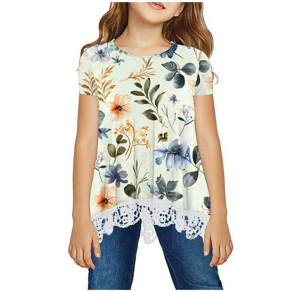 YLSDY Graphic T Shirts for Teen Girls Short Sleeve Lace Floral Printed Boho Cute Shirts Pleated Crewneck Summer Outfit Multicolor 9 Years
