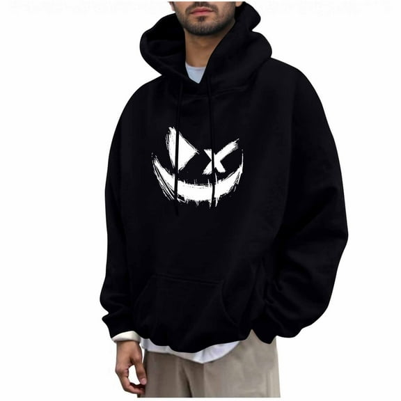 YLSDY Halloween Sweatshirts for Men Funny Spooky Season Sweatshirt Pumpkin Face Patchwork Print Hoodie Top 2025 Black S