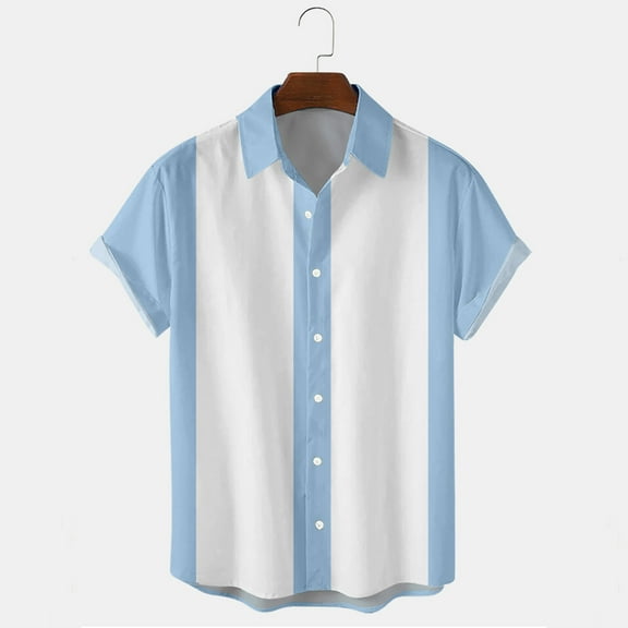 YLSDY Hawaiian Bowling Shirts for Men Short Sleeve Button Down Shirt Casual Beach Summer Shirts Retro Striped Vacation Tops Light Blue 6