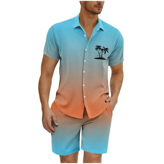 YLSDY Hawaiian Outfits for Men Shorts and Shirt Beach Set 2 Piece Vacation Summer Short Sleeve Loungewear with Pocket Light Blue L