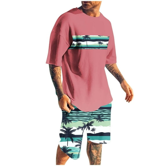 YLSDY Hawaiian Two Piece Sets for Men Short-Sleeve Oversized T-Shirts Tops with Graphic Shorts O-Neck Pullover Shirt Suits Lightweight Trendy Outerwear Pink L