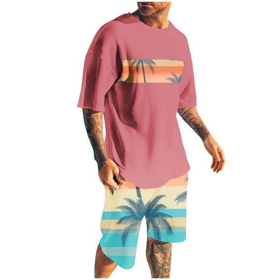 YLSDY Hawaiian Two Piece Sets for Men Short-Sleeve Oversized T-Shirts Tops with Graphic Shorts O-Neck Pullover Shirt Suits Lightweight Trendy Outerwear Pink XXXXL