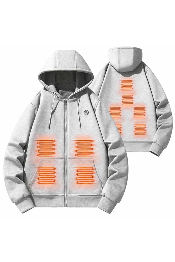 Heated Hooded Jacket Casual Long Sleeve Zipper USB Charging Fleece Winter Outerwear for Men Outdoor Fashion Gray XL