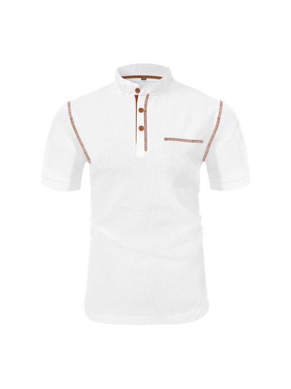 Henley Shirts for Men Summer Casual Short Sleeve Stand Collar Button Tee Shirt with Pocket Beach Vacation Textured Top White M