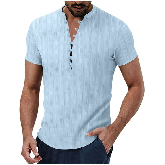 YLSDY Henley T Shirts for Men Summer Cotton Linen Shirt Short Sleeve Button Up T-Shirts Tops Casual Solid Color Basic Tees Blue XXL