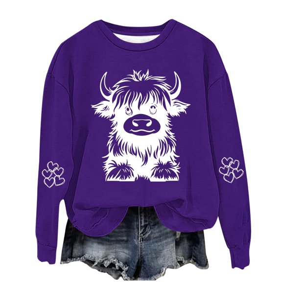 YLSDY Highland Cow Hoodies for Teen Girls Cute Funny Graphic Sweatshirt Cowgirl Long Sleeve Plus Size Oversized Pullover Tops Purple 13 Years
