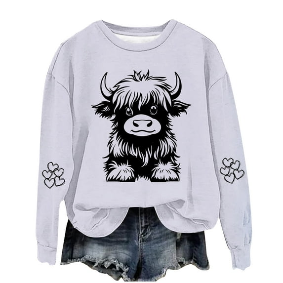 YLSDY Highland Cow Hoodies for Teen Girls Cute Funny Graphic Sweatshirt Cowgirl Long Sleeve Plus Size Oversized Pullover Tops White 13 Years