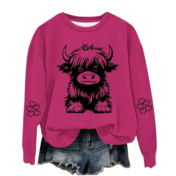 YLSDY Highland Cow Sweatshirt for Teen Girls Cute Funny Graphic Sweatshirt Cowgirl Long Sleeve Plus Size Oversized Pullover Top Hot Pink 9 Years