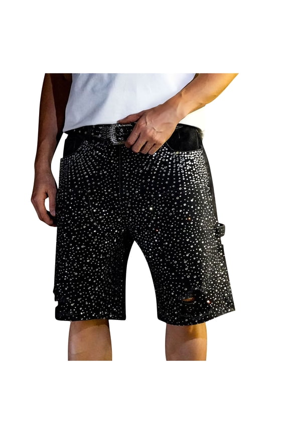 Hip Hop Streetwear Rhinestone Denim Shorts Men Summer Jean Shorts Male Knee Length Pants Rhinestone with Pockets Black 34