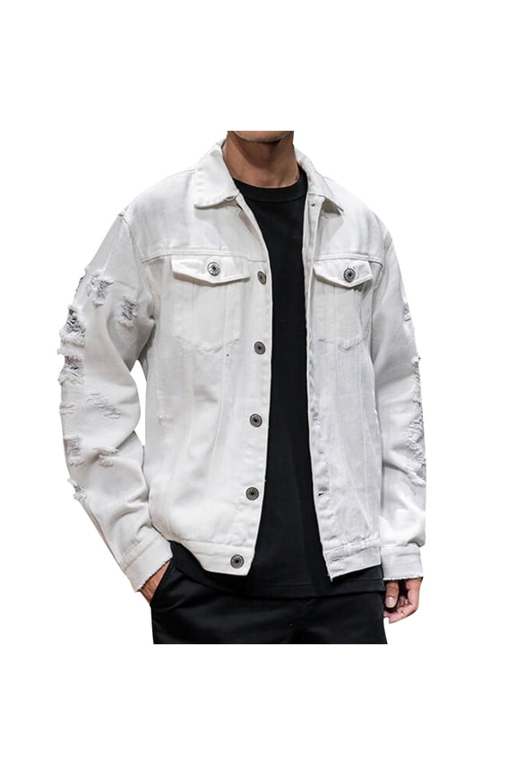 Hippy Victorian Western Ripped Coat for Mens Winter Fall Long Sleeve Denim Outfits Mens 2025 Trendy Distressed Denim Jacket White XXL
