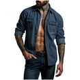 thumbnail image 1 of Fashion YLSDY Hipster Denim Shirts for Men Big and Tall Roll up Long Sleeve Button Down Casual Dress Shirts Outdoor Lapel Solid Tops Blue XXL, 1 of 6
