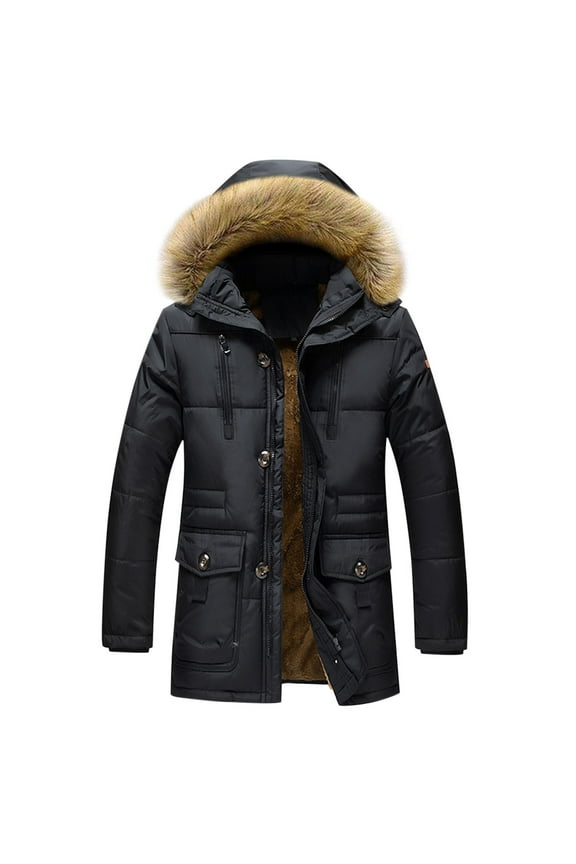 Hooded Long Sleeve Casual Jacket Warm Winter Coat Men Zipper Pockets Solid Fashion Outdoor Daily Wear Black XXXXXL