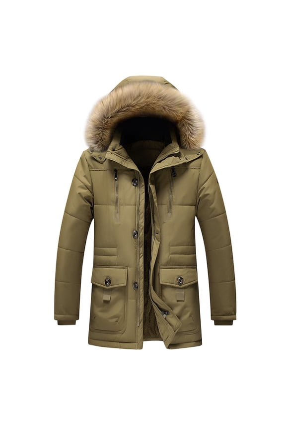 Hooded Long Sleeve Casual Jacket Warm Winter Coat Men Zipper Pockets Solid Fashion Outdoor Daily Wear Khaki XL