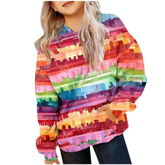 YLSDY Hoodies for Girls Kids Striped Printed Loose Pockets Fitting Long Sleeved Hoodie Oversized Hoodies for Big Girls Multicolor 9-10 Years