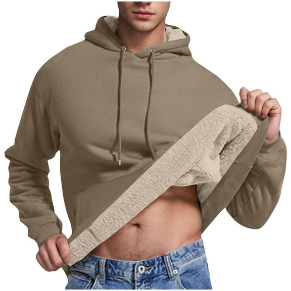 YLSDY Hoodies for Men Winter Sherpa Fleece Lined Sweatshirt Padded Warm Long Sleeve Pullover Trendy Solid Color Hoodie Khaki M