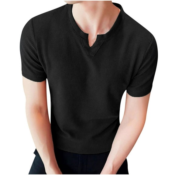 YLSDY Hot days, bold styles Casual T Shirts for Men Short Sleeve Waffle Comfy Loose Shirt V Neck Solid Color Stylish Stretch Workout Tops Black XL