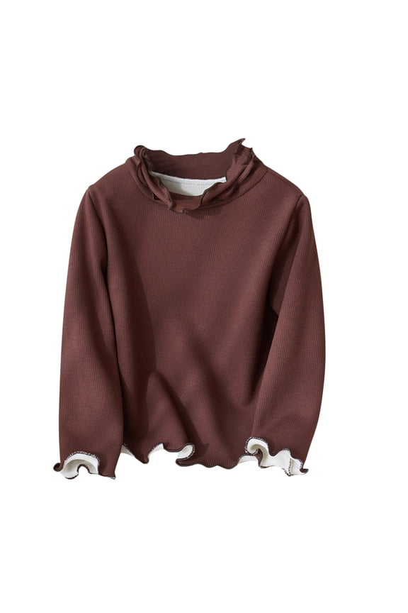 Infant Girl Winter Solid Colour Striped Ruffle Neckline Wooden Ear Hem Long Sleeve Inner Pullover Tops 2-12 Years Coffee 12 Years