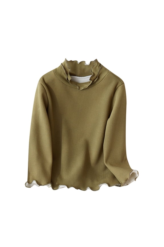 Infant Girl Winter Solid Colour Striped Ruffle Neckline Wooden Ear Hem Long Sleeve Inner Pullover Tops 2-12 Years Green 12 Years